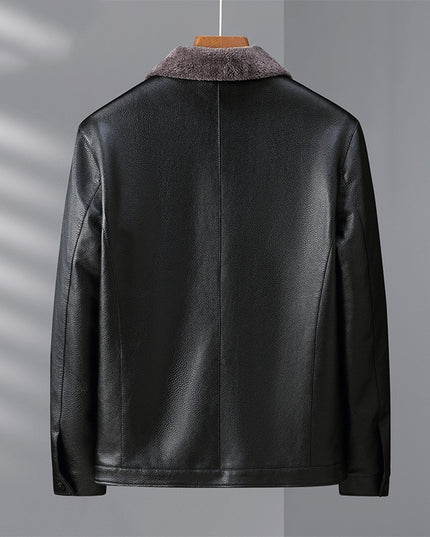 Fleece-lined Men's Leather Clothing With Stand Collar