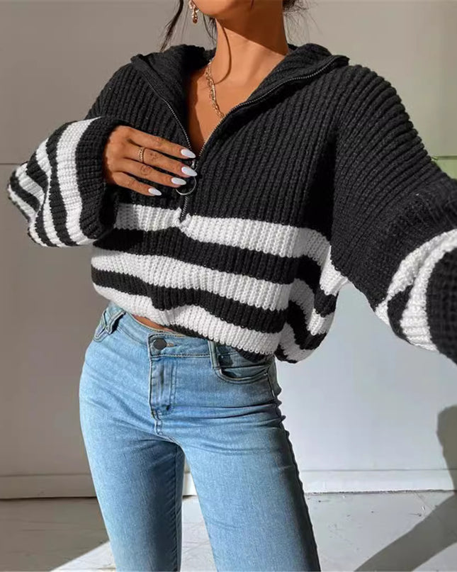 New Striped Contrast Color Stand-up Collar Knitted Pullover Sweater Outerwear Women