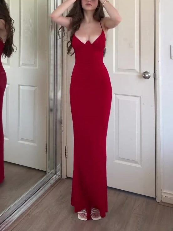 Red Sexy Tight V-neck Maxi Dress