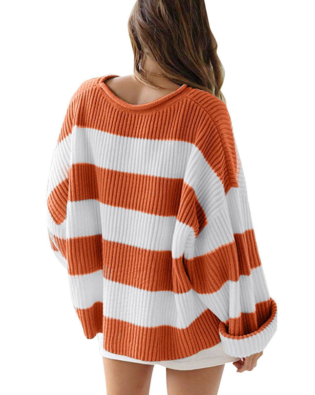 Loose Striped Sweater Fashion Casual Long Batwing Sleeve Round Neck Pullover Knit Tops Women Clothing