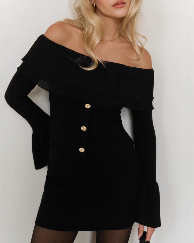 Off-shoulder Collar Long Sleeve Clinch Splicing Knitwear