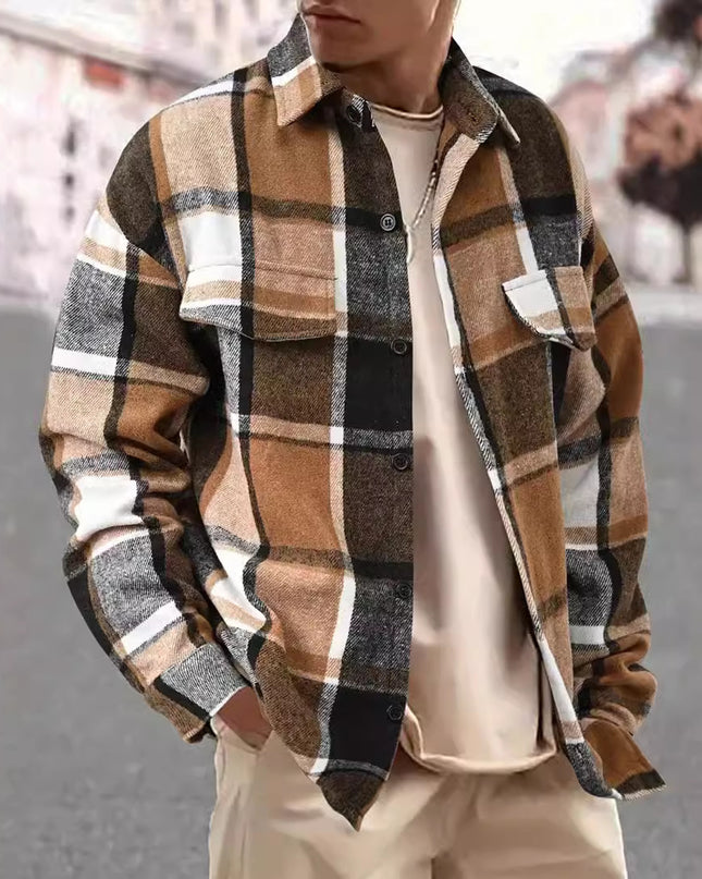 FallWinter Slim Brushed Plaid Long Sleeve Flannel Shirt Men