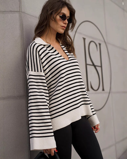 Striped Long Sleeve Loose Pullover Sweater For Women