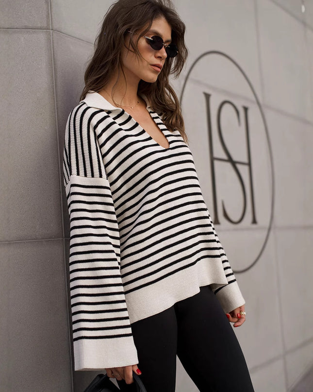Striped Long Sleeve Loose Pullover Sweater For Women
