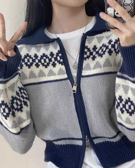 Lapel Contrast Color Jacquard Long Sleeve Zipper Sweater Coat For Women