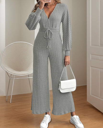 V-neck Lace-up Batwing Sleeve Solid Color Wide Leg Jumpsuit
