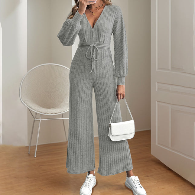V-neck Lace-up Batwing Sleeve Solid Color Wide Leg Jumpsuit
