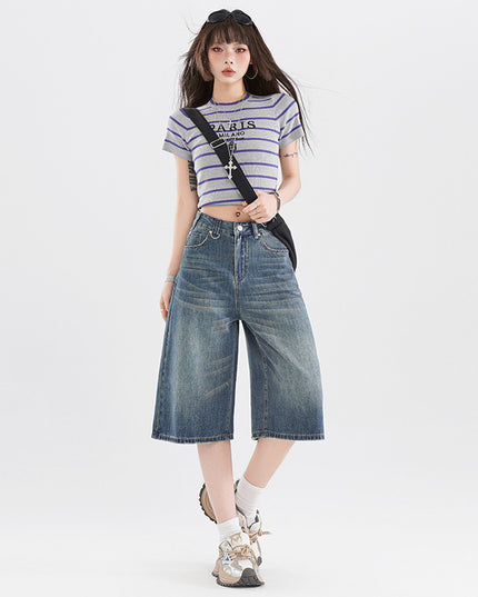 Women's American-style Retro High Street Denim Cropped Pants Summer