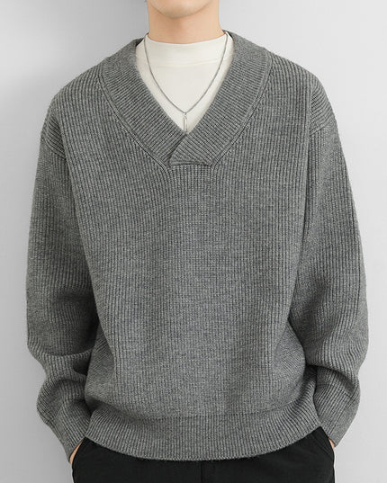 New V-neck Fashion Men's Solid Color Coarse Yarn Knitted Sweater