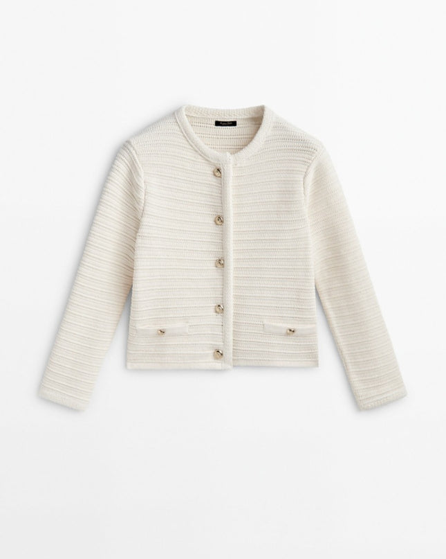 Buckle Striped Classic Style Knitted Cardigan Sweater Short Coat