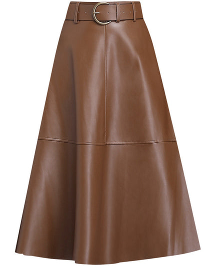 Leather Skirt Female A- Line High Waist Pleated Umbrella Skirt