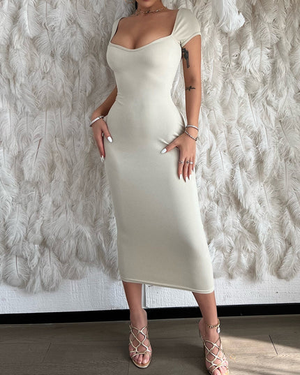 One Line Neck Ribbed Long Dress Short Sleeve Maxi