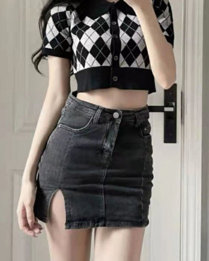 Slit Black Denim Skirt For Women