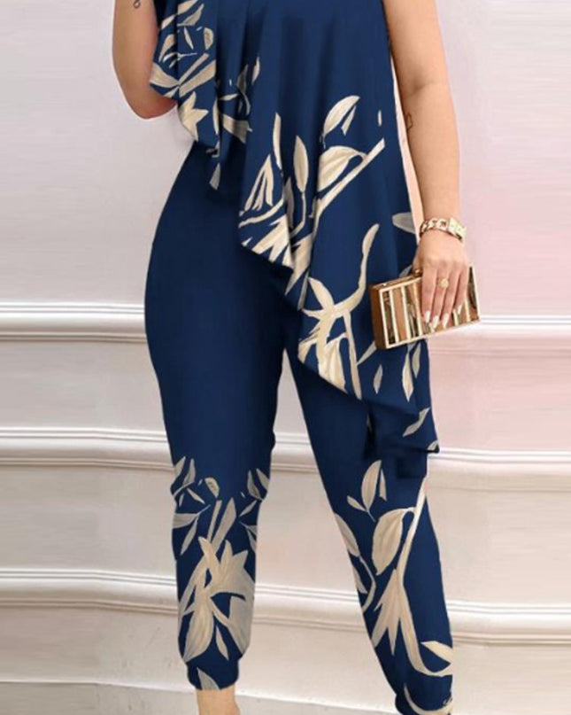 Printed One-shoulder Ruffled Jumpsuit