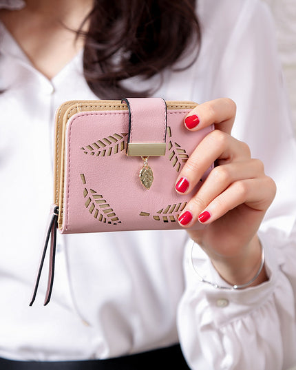 New Korean Women's Wallet Short Hollow Clutch Bag Leaf Zipper Buckle Bills Card Pack