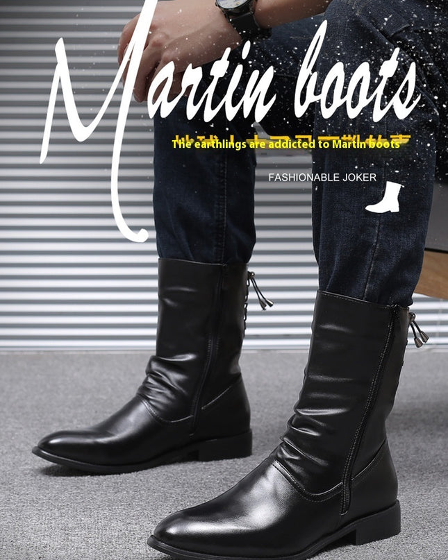 Pointed Leather Boots Men's British Korean High-top Leather Shoes Mid-calf Length