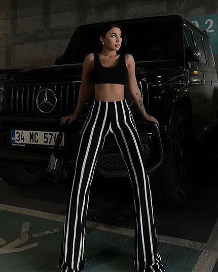 Striped Slightly Flared Black And White Contrast Casual Pants