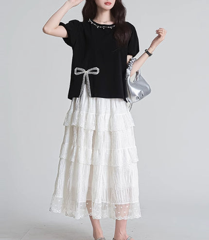 Round Neck Design Bow Beaded Short Top