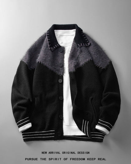 Color Contrast Patchwork Cardigan Knitted Coat Men's Loose Casual Sweater