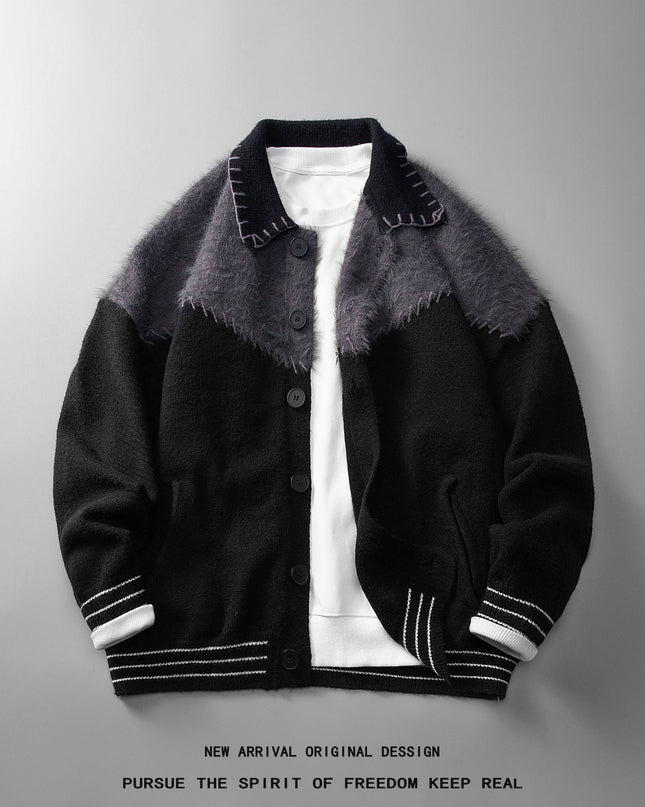 Color Contrast Patchwork Cardigan Knitted Coat Men's Loose Casual Sweater