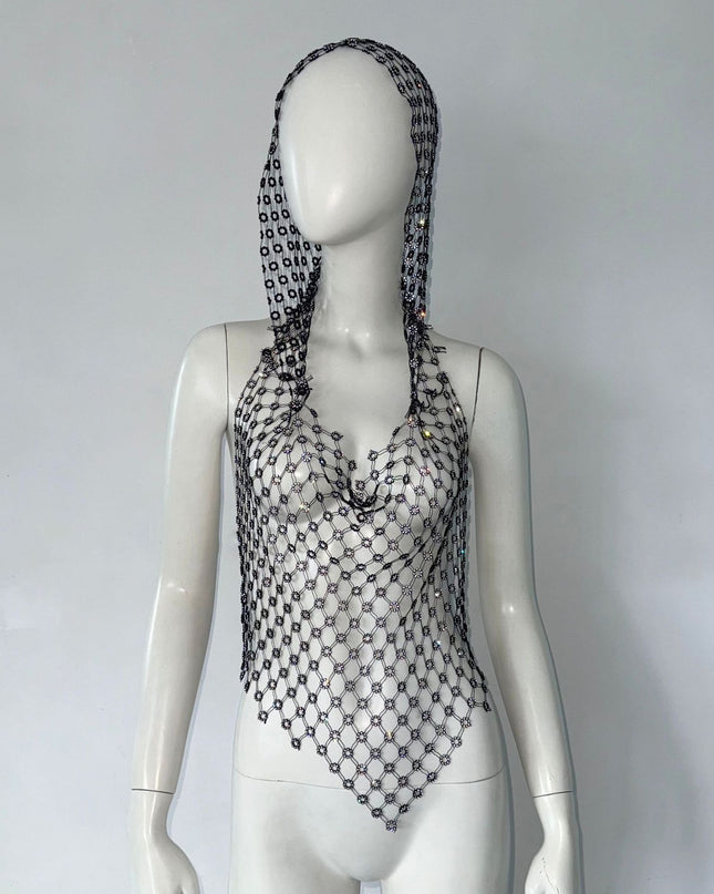 Hollow Top Fishnet Rhinestone Camisole