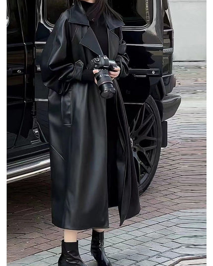 Women's Fashionable Temperament Long Knee Length PU Leather Coat