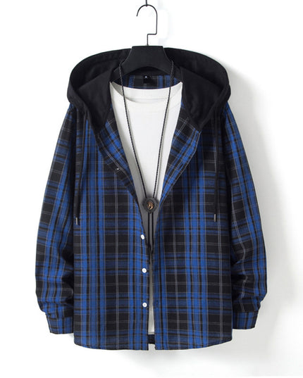 Men's Running Size Plaid Shirt Trend Hip Hop Hooded Cardigan