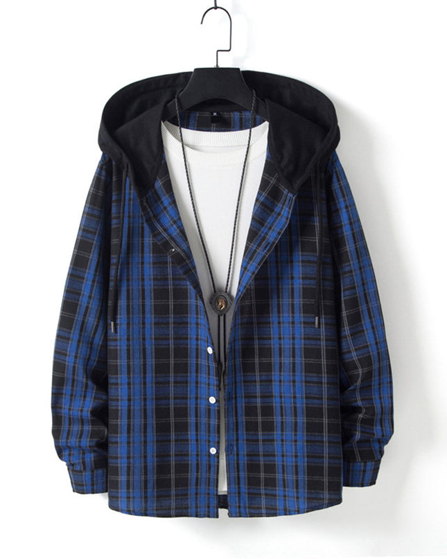 Men's Running Size Plaid Shirt Trend Hip Hop Hooded Cardigan