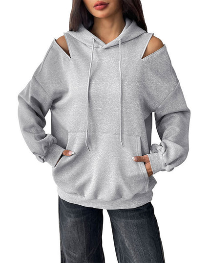 European And American Long Sleeve Drawstring Hooded Pullover Sweater Women's Solid Color High Grade Gray