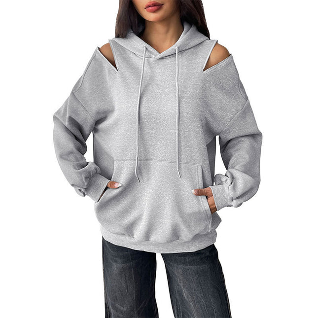 European And American Long Sleeve Drawstring Hooded Pullover Sweater Women's Solid Color High Grade Gray