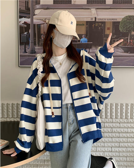 Striped Hooded Sweater Women's Loose Cardigan Zipper Coat