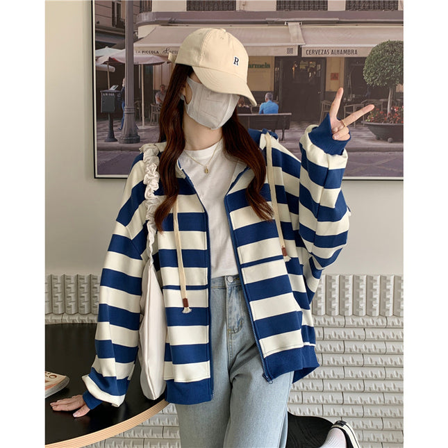 Striped Hooded Sweater Women's Loose Cardigan Zipper Coat