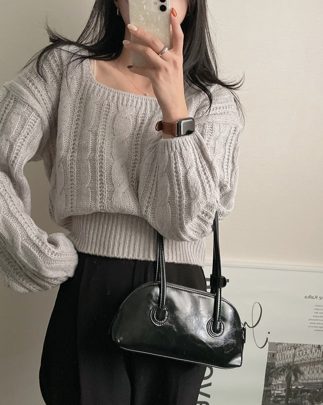 Cable-knit Sweater Lantern Sleeve Solid Color Square Collar Pullover Sweater