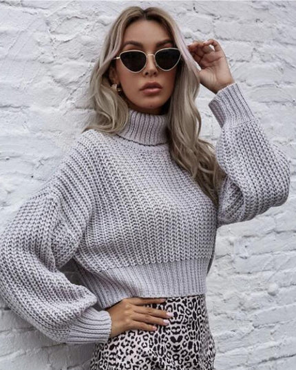 Turtleneck Midriff-baring Knitted Sweater Short