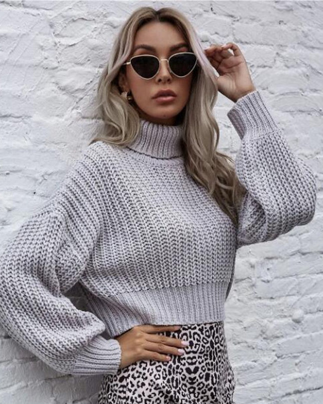 Turtleneck Midriff-baring Knitted Sweater Short