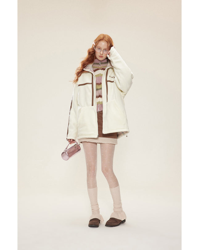 Preppy Style Plaid Double-sided Wear Winter Cotton Dress Women's Vintage Lamb Wool Coat