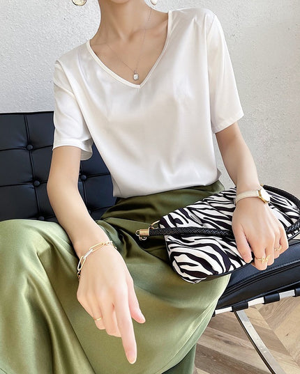 Short Sleeve Loose V-neck Satin Bottoming Solid Color Inner Wear Suit Top