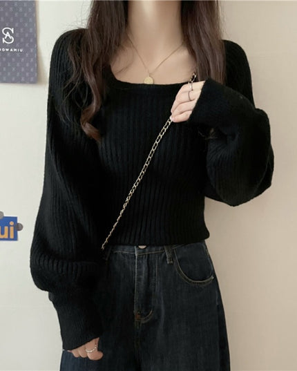Western Style Low Collar Long Sleeves Top Slim-fit Sweater