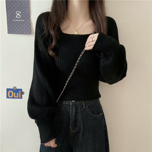 Western Style Low Collar Long Sleeves Top Slim-fit Sweater