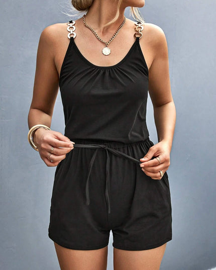 Women's Summer Fashion Pleated Stitching Metal Strap Jumpsuit