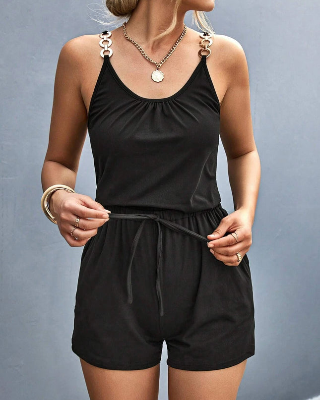 Women's Summer Fashion Pleated Stitching Metal Strap Jumpsuit