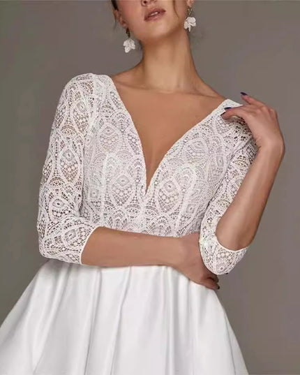 Bridal Deep V-neck Slim Lace Mid-length Long Sleeve Wedding Dress