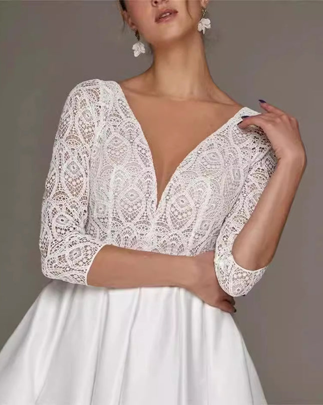 Bridal Deep V-neck Slim Lace Mid-length Long Sleeve Wedding Dress