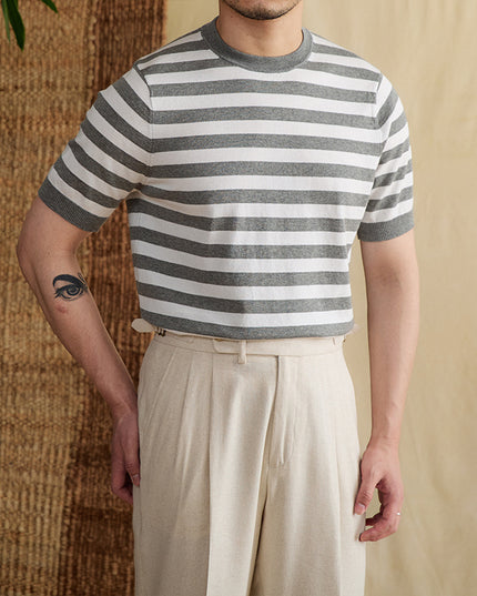 Striped Navy-striped Shirt Breathable Tencel Cotton Round Neck Short Sleeve T-shirt
