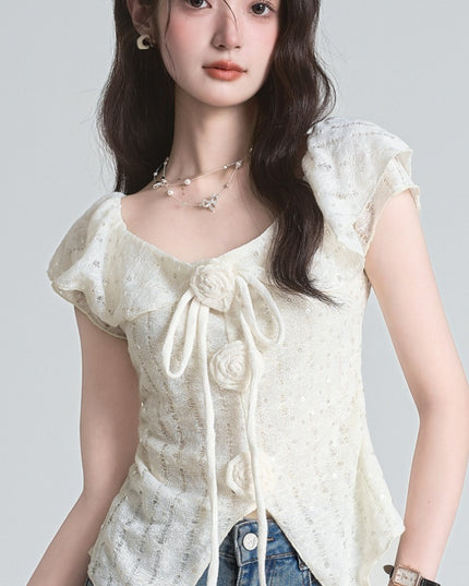 French Style Three-dimensional Flower Strap Short Sleeve