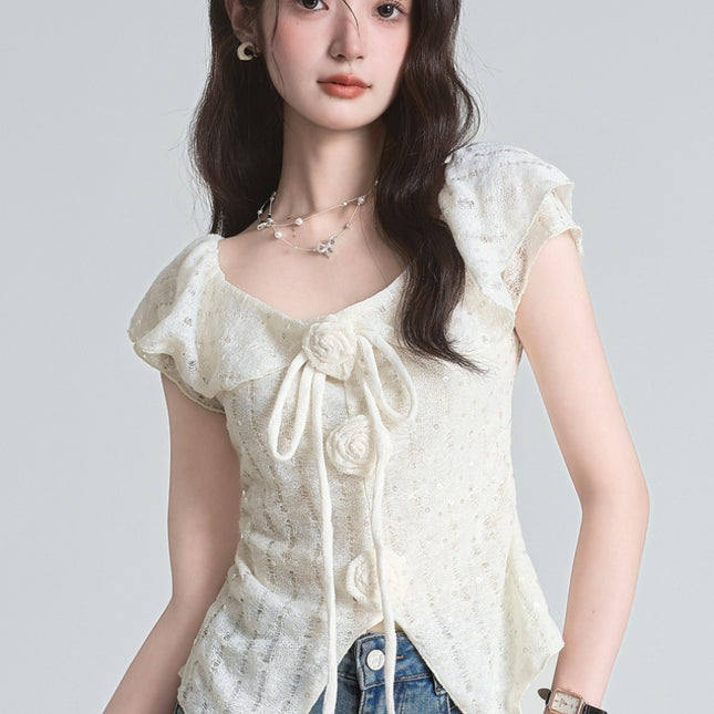 French Style Three-dimensional Flower Strap Short Sleeve
