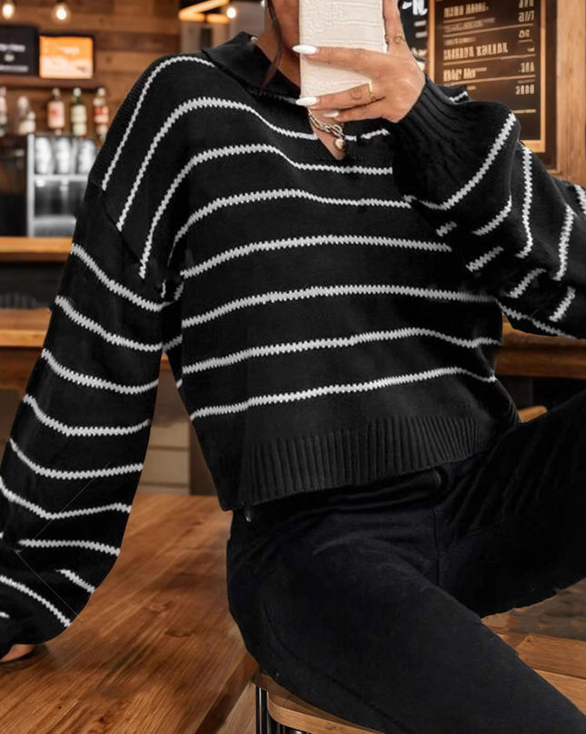 Women's Elegant Polo Collar Stripes Loose Sweater