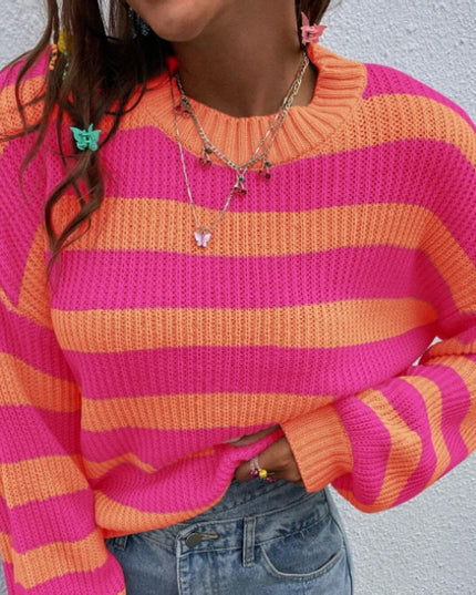 Autumn And Winter New Contrast Color Loose Shoulder Striped Pullover Sweater