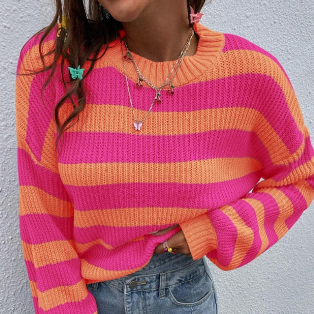Autumn And Winter New Contrast Color Loose Shoulder Striped Pullover Sweater