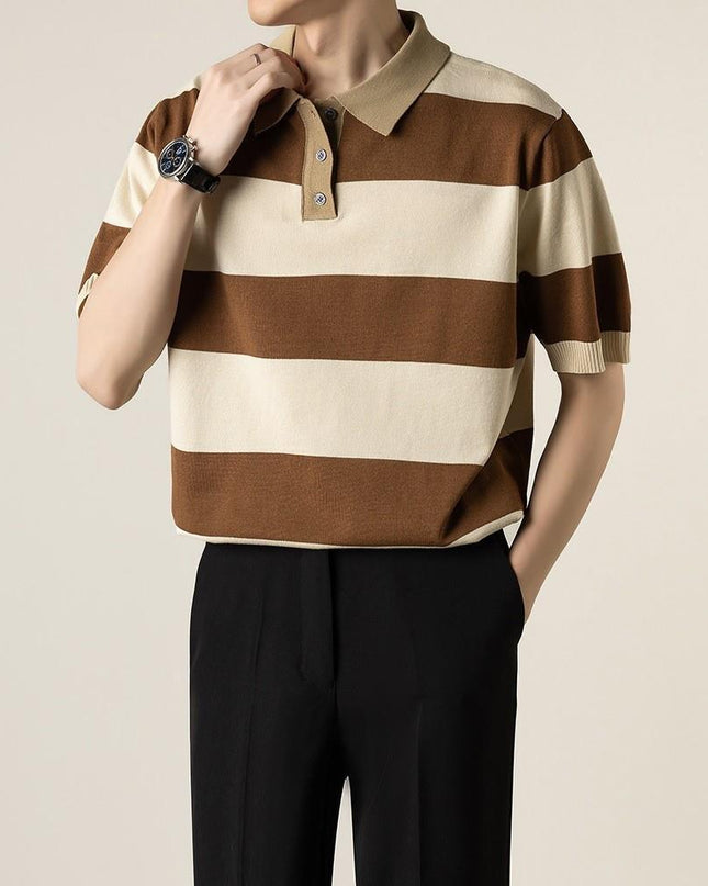 Lightly Mature Knitted Polo Shirt Casual Striped Short Sleeve